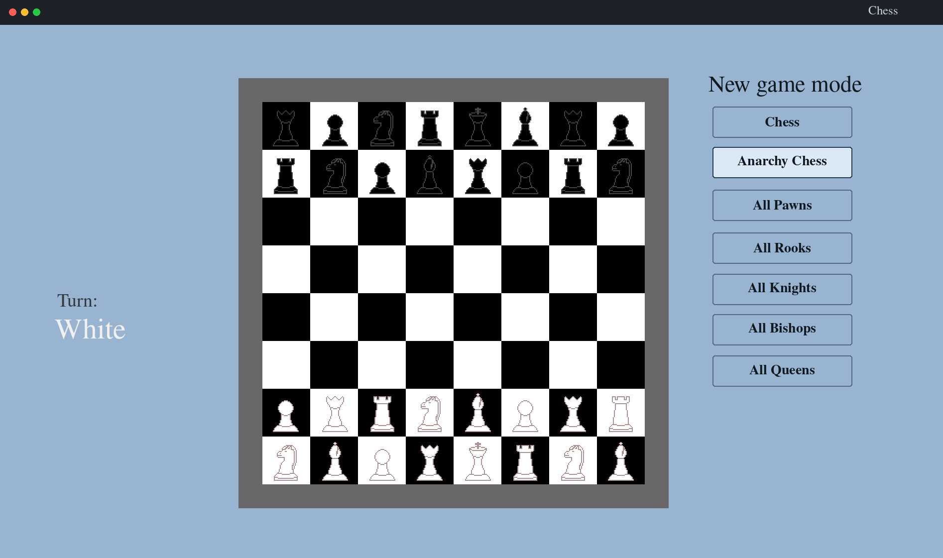 Anarchy Chess graphical interface with a randomized collection of chess pieces in Anarchy mode