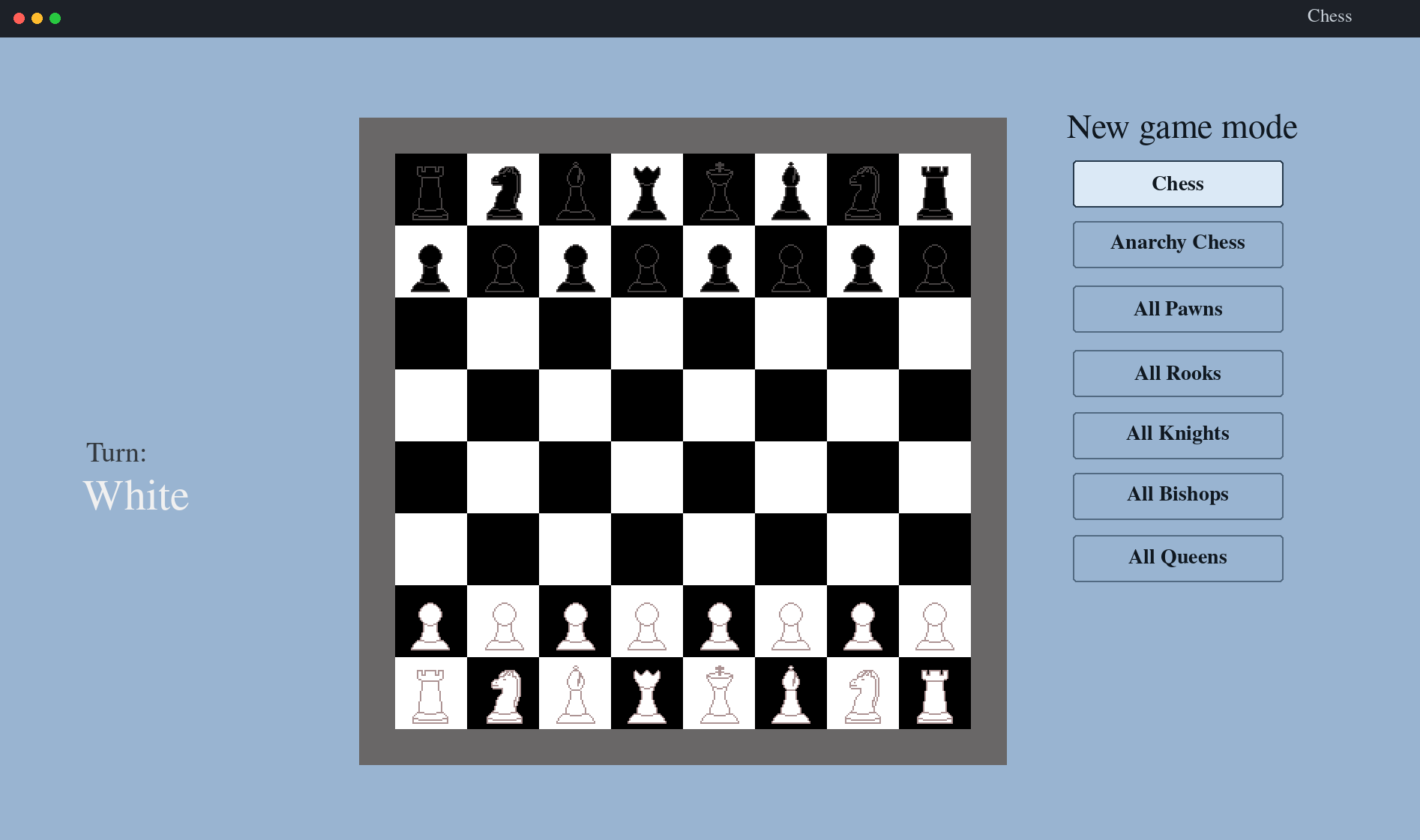 Anarchy Chess graphical interface in standard chess mode with a full chessboard and mode buttons