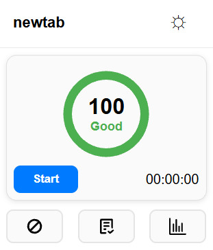 Focus Flow Tracker popup showing a focus score of 100, session timer, and start control